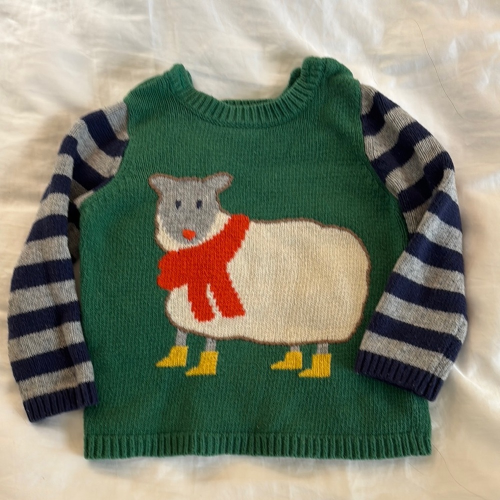 Baby Boden Green and Blue Sweater with Sheep Design